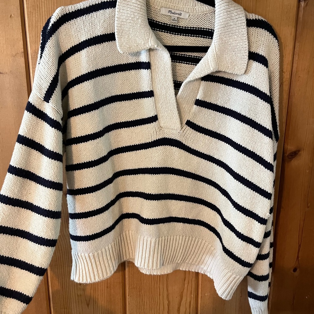 Madewell Navy and Cream V-Neck Sweater
